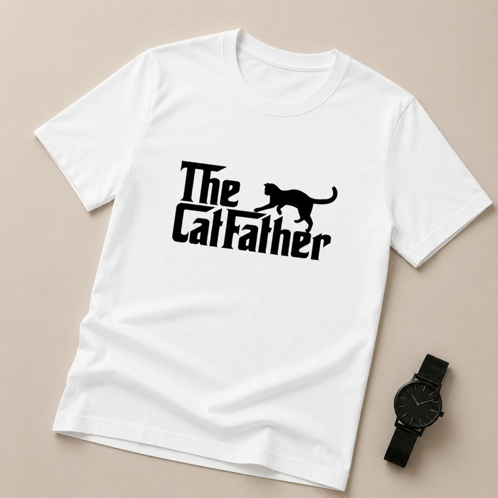 Muška majica The CatFather – Poklon za vlasnika mačke, bela majica sa crnom siluetom mačke i The CatFather dizajnom